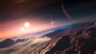 Two stars rising over an alien horizon on an exoplanet with a whisp of atmosphere in the background and rocky mountains in the foreground