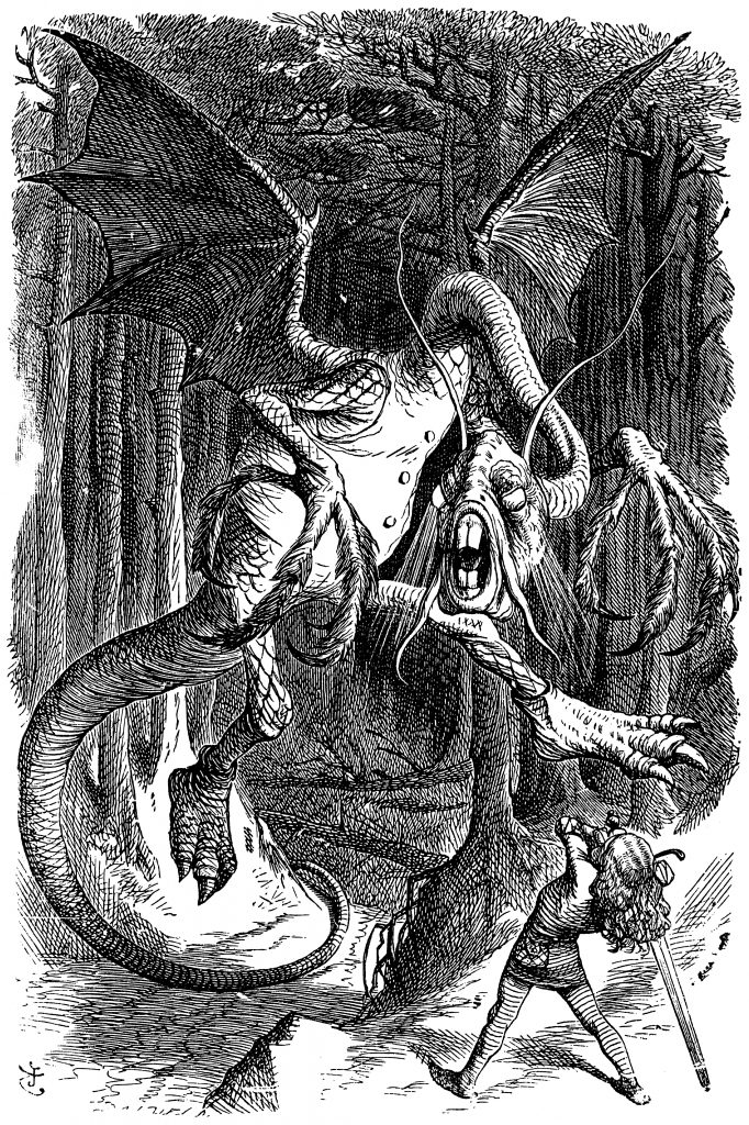 An illustration of the Jabberwocky by John Tenniel in black and white