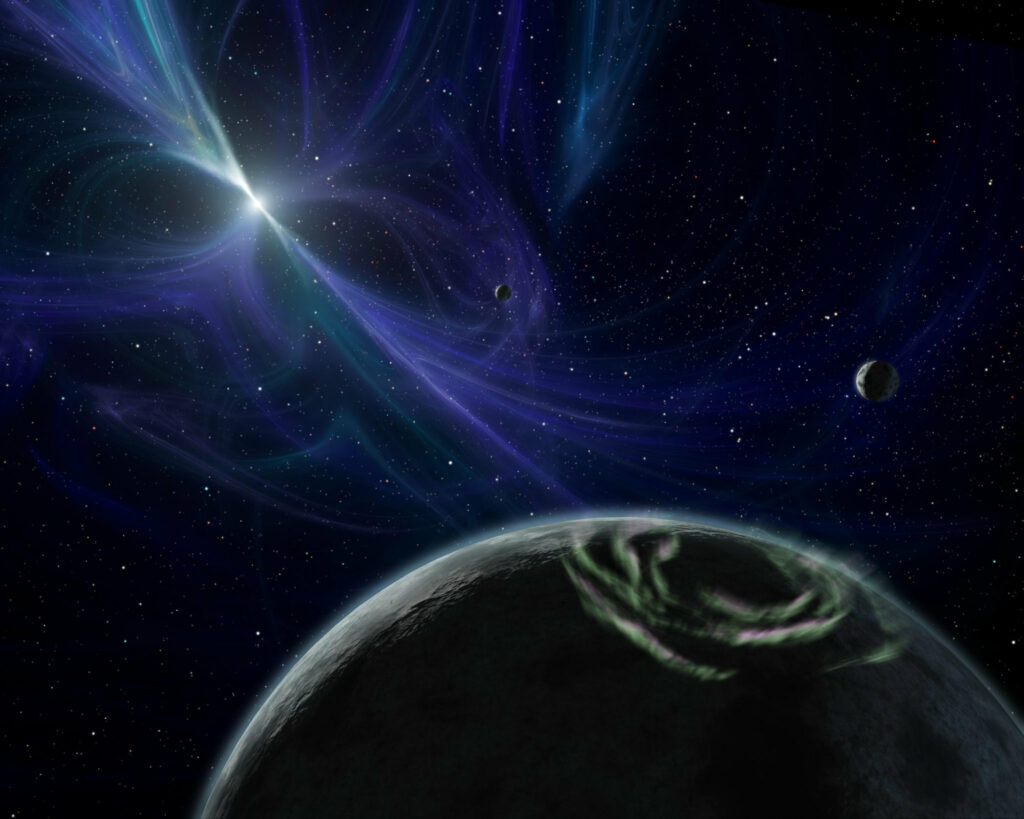 This artist's concept depicts the pulsar planet system discovered by Aleksander Wolszczan in 1992. Wolszczan used the Arecibo radio telescope in Puerto Rico to find three planets - the first of any kind ever found outside our solar system - circling a pulsar named PSR B1257+12. Pulsars are rapidly rotating neutron stars, which are the collapsed cores of exploded massive stars. They spin and pulse with radiation, much like a lighthouse beacon. Here, the pulsar's twisted magnetic fields are highlighted by the blue glow. All three pulsar planets are shown in this picture; the farthest two from the pulsar (closest in this view) are about the size of Earth. Radiation from charged pulsar particles would probably rain down on the planets, causing their night skies to light up with auroras similar to our Northern Lights. One such aurora is illustrated on the planet at the bottom of the picture. Since this landmark discovery, more than 160 extrasolar planets have been observed around stars that are burning nuclear fuel. The planets spotted by Wolszczan are still the only ones around a dead star. They also might be part of a second generation of planets, the first having been destroyed when their star blew up. The Spitzer Space Telescope's discovery of a dusty disk around a pulsar might represent the beginnings of a similarly "reborn" planetary system.