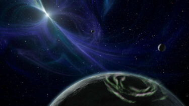 This artist's concept depicts the pulsar planet system discovered by Aleksander Wolszczan in 1992. Wolszczan used the Arecibo radio telescope in Puerto Rico to find three planets - the first of any kind ever found outside our solar system - circling a pulsar named PSR B1257+12. Pulsars are rapidly rotating neutron stars, which are the collapsed cores of exploded massive stars. They spin and pulse with radiation, much like a lighthouse beacon. Here, the pulsar's twisted magnetic fields are highlighted by the blue glow. All three pulsar planets are shown in this picture; the farthest two from the pulsar (closest in this view) are about the size of Earth. Radiation from charged pulsar particles would probably rain down on the planets, causing their night skies to light up with auroras similar to our Northern Lights. One such aurora is illustrated on the planet at the bottom of the picture. Since this landmark discovery, more than 160 extrasolar planets have been observed around stars that are burning nuclear fuel. The planets spotted by Wolszczan are still the only ones around a dead star. They also might be part of a second generation of planets, the first having been destroyed when their star blew up. The Spitzer Space Telescope's discovery of a dusty disk around a pulsar might represent the beginnings of a similarly "reborn" planetary system.